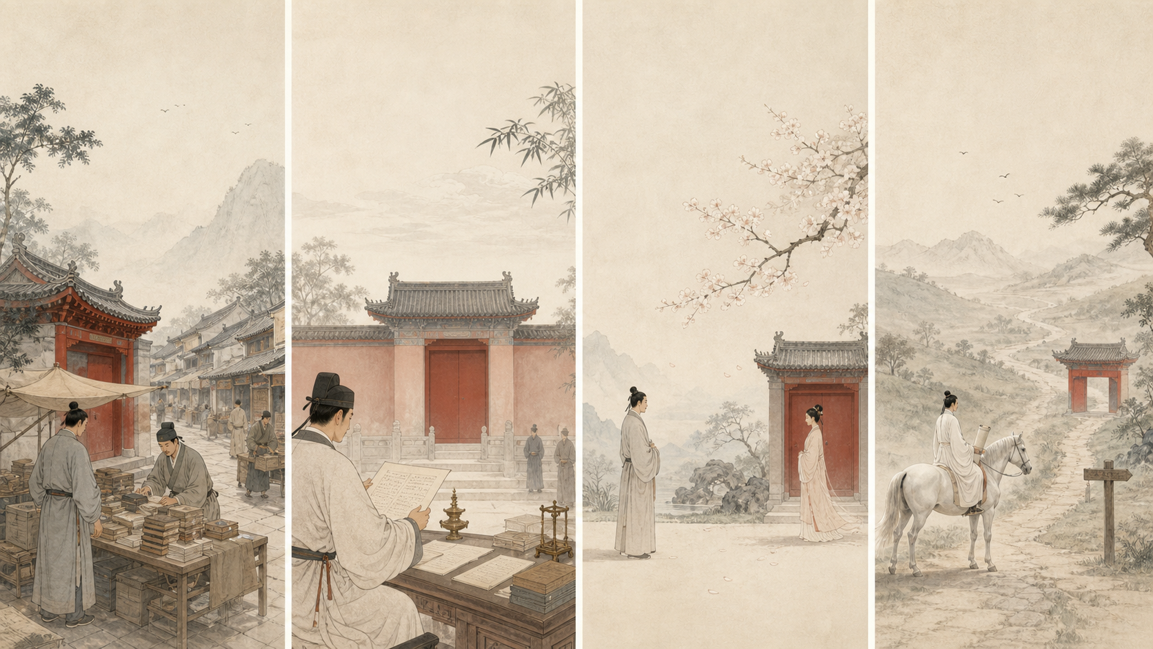 Four refined Chinese scenes with cinnabar gates for project, career, relationship, and crossroads questions.